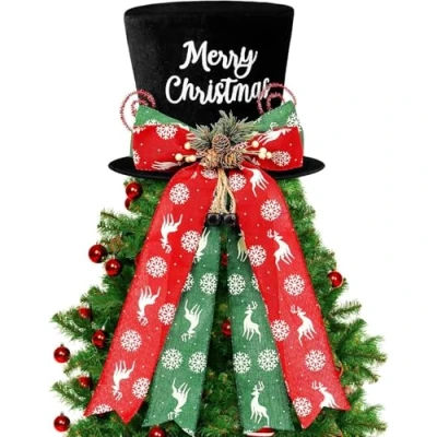 Image of KAHEIGN Christmas Tree Topper, 25CM Large Black Xmas Top Hat with Pinecones and Snowflake Elk Bow Ribbon for Home Holiday Winter Party Decor Desktop Ornaments