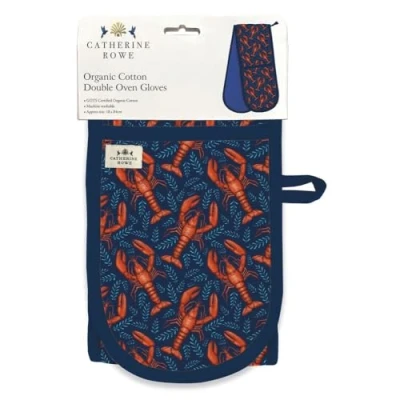 Image of Double Oven Gloves Organic Cotton Artistic Lobster Design by Catherine Rowe Stylish Kitchenware
