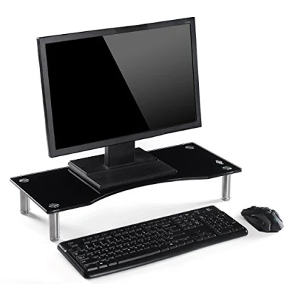Image of Ttap Black Glass Monitor Riser / Laptop &amp; Computer TV Screen Stand Height Adjustable 56cm L x 24cm D 9cm H (Black)