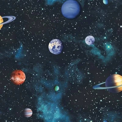 Image of Arthouse Kids Cosmos Space Planets Charcoal Gray Wallpaper Twinkling Stars on a Midnight Background with Green Accents Amazing 3D Effect Ideal for Teenager Bedroom 668100