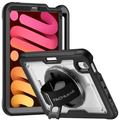 Image of TECHGEAR JOLT SHELL Case for Apple iPad Mini 7 / 6 8.3&quot; [7th 6th Generation] Tough Rugged HEAVY DUTY Slim Shockproof with 360 Rotating Stand &amp; Hand Strap Clear