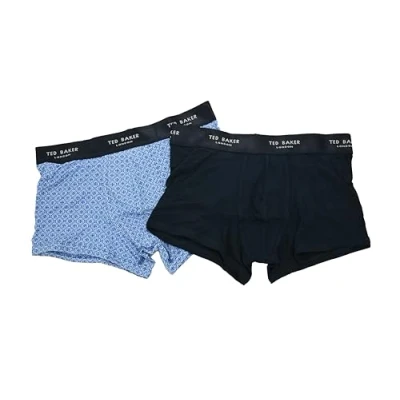 Image of Ted Baker London Thornb 2 Pair Box Set of Mens Cotton Stretch Printed Trunks Boxer Shorts in Black and Blue Size Small Waist 28 30 Inches