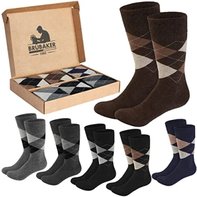 Image of BRUBAKER 6 Pairs of Socks with Diamond Pattern Men&#039;s Argyle Check in Gift Box Comfort Soft and Breathable Colour Mix Grey/Brown UK Size 9 11