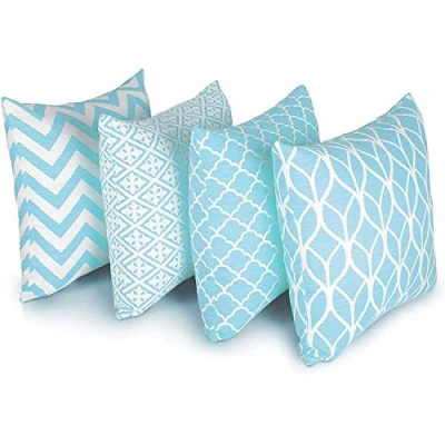 Image of Penguin Home Set of 4 100% Slub Cotton Fabric Cushion Covers 45cm x Double Sided Square Pillow with Invisible Zipper Cases for Living Room, Bedroom, Sofa (Blue)