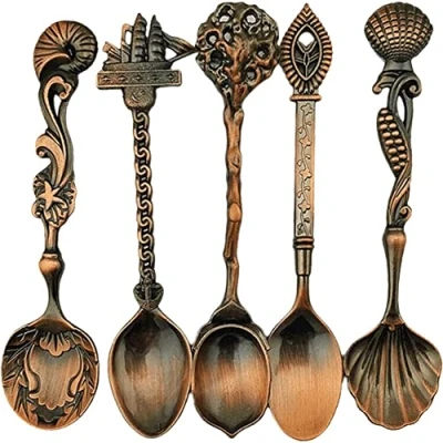 Image of 5 Pcs Vintage Coffee Spoons Metal Carved Teaspoon Ice Cream Fruit Dessert Espresso Tea Spoon Cutlery Set
