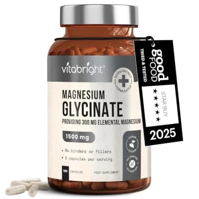 Image of Chelated Magnesium Glycinate 300mg Elemental (1500mg Bisglycinate) 180 Capsules x2 Day, High Strength Supplements for Sleep, VitaBright Pure