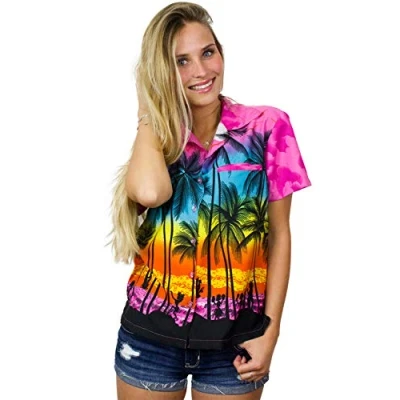 Image of KING KAMEHA Funky Casual Hawaiian Blouse Shirt Women Front Pocket Button Down Very Loud Shortsleeve Pineapple Flowers Print, Beach Eclectic Pink, L