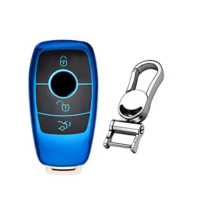 Image of M.JVisun Soft TPU Case Cover Protector Car Remote Key Fob For Mercedes Benz 2019 2022 A Class C G 2017 E 2018 2021 S Glossy Blue Metal Keychain