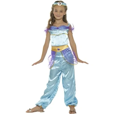 Image of Smiffys Arabian Princess Costume, Blue with Top, Trousers &amp; Headpiece, Girls Fancy Dress, Dress Up Costumes