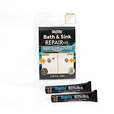 Image of MagicEzy Bath &amp; Sink RepairEzy (Beige / White) Tub Repair Kit Porcelain, Acrylic Tub, Enamel Sink, and Fiberglass Bathtub Shower Base Refinishing Chipped