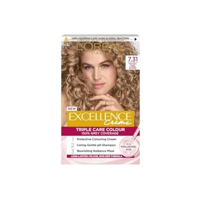 Image of L&#039;Oréal Paris Excellence Crème Permanent Hair Dye, Radiant At Home Colour with Up to 100% Grey Coverage, Pro Keratin, 8 Weeks of Colour, Colour: 7.31 Natural Dark Caramel Blonde