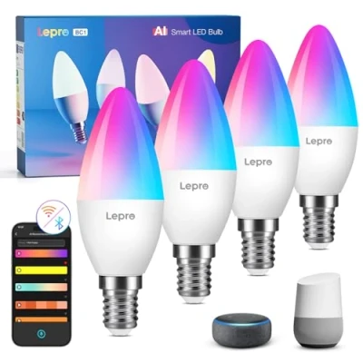 Image of Lepro BC1 AI Smart Bulb E14, Music Sync Bluetooth&amp; WiFi Bulb, Voice Control, Generated Lighting, Color Changing Light RGB CCT Dimmable Candle Work with Alexa &amp; Google Assistant, 4 Packs