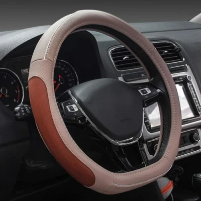 Image of Xihaoer Steering Wheel Cover, Beige Coffee STEERING_WHEEL_COVER for D Shape 15 inch, Microfiber PU Leather, Breathable, Increased Safety