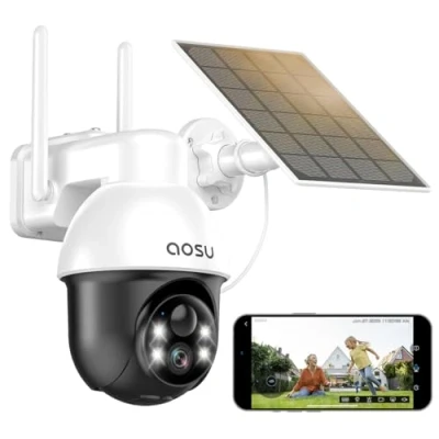 Image of AOSU Solar Security Camera Wireless Outdoor with Panoramic PTZ, Human Auto Tracking, 2K Night Vision, Light and Sound Alarm, 2 Way Audio, Compatible Alexa/Google Assistant
