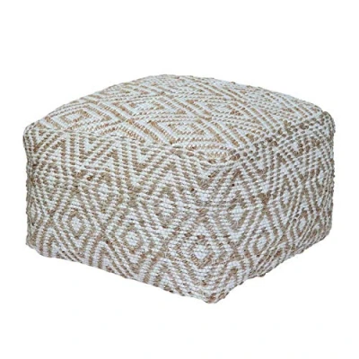 Image of HOMESCAPES Geometric Diamond Patterned Square Bean Filled Pouffe &#039;Sierra&#039; Handwoven Natural Hemp Chindi Footstool, 60 cm