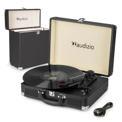 Image of Audizio RP114BK Briefcase Record player with built in Speakers &amp; vinyl Case Portable 3 Speed Turntable MP3 Conversion, for 35 Vinyls speaker