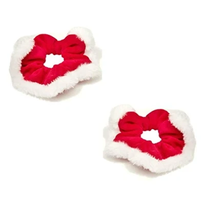 Image of 2 x Red Velvet &amp; White Faux Fur Trim Festive Christmas Santa Hair Scrunchies Bobbles Ponios Elastics