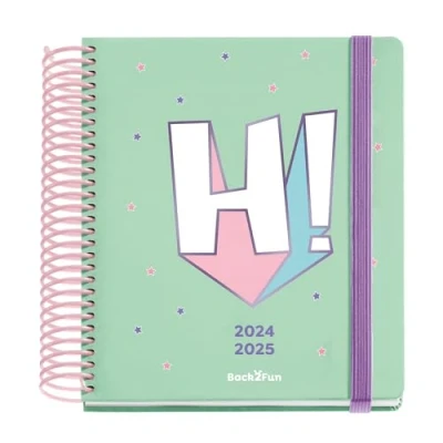 Image of Miquelrius School Diary 24 25, September 2024 to June 2025, Size 155 x 180 mm, Day Page, Pink Plastic Spiral, Lined Cardboard Cover, Rubber Closure, Spanish English Portugese, Back2Fun HI