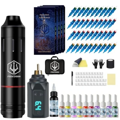 Image of UPTATSUPPLY Poseidon Tattoo Pen Kit Wireless Machine Kit, Gun with Power Supply and 40 Pcs Cartridge Needles, Complete Supplies for Beginners