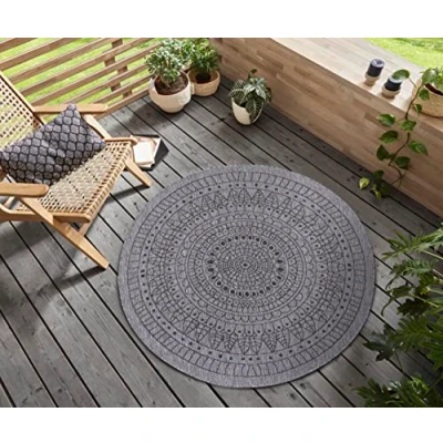 Image of HANSE Home Northrugs Porto Indoor and Outdoor Rug Round Reversible Waterproof Mandala Design Flat Weave Weatherproof for Balcony, Patio, Garden, Living Room in Night Silver, Diameter