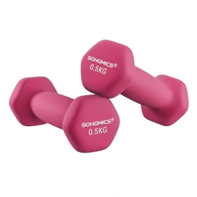 Image of SONGMICS Set of 2 Dumbbells, x 0.5 kg Hand Weights with Neoprene Coating, Hexagonal Dumbbells Pair, Home Workout, Fitness Training Exercise, Pink SYL61PK
