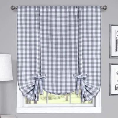 Image of Achim Home Furnishings Tie Up Shade Buffalo Check Window Curtain, 42&quot; x 63&quot;, Grey &amp; White