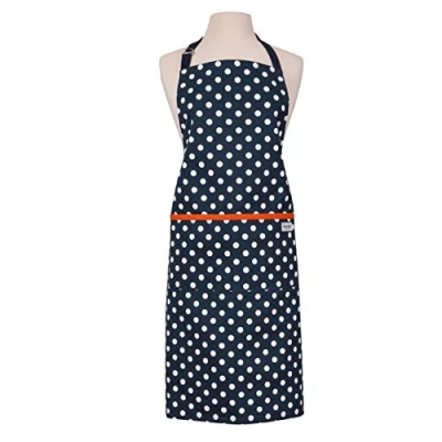 Image of Dexam Polka Dot Adult Kitchen Apron, Navy Blue, 100% Cotton, Machine Washable, Adjustable Strap, 67cm x 86cm