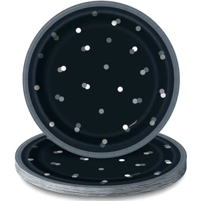 Image of Unique 83584 Black Polka Dots Foil Stamped Paper Plates, 7&quot; Disposable 8 Pcs, Happy Birthday