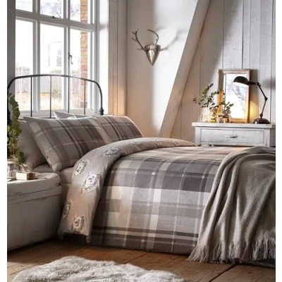 Image of Dreams &amp; Drapes Colville Check 100 Percent Brushed Duvet Cover Set, Cotton, Grey, Super King