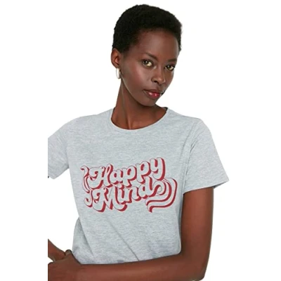 Image of Trendyol Women&#039;s Woman Regular Standard Crew Neck Knit T shirt Shirt, Gray, S UK