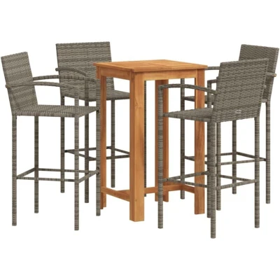 Image of vidaXL 5 Piece Garden Bar Set Grey Solid Wood Acacia and Poly Rattan