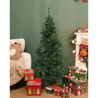 Image of Aigostar Slim Christmas tree, Green Pencil Unlit Artificial Tree 5ft/150cm Xmas Realistic Spruce with Metal Stand 280 Tips Bedroom Home Holiday Decoration