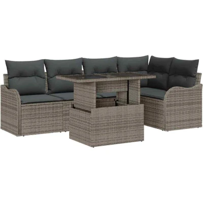 Image of vidaXL 6 Piece Garden Sofa Set with Cushions Grey Poly Rattan