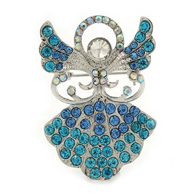 Image of Avalaya Light Blue Crystal Angel Brooch in Rhodium Plating 45mm L