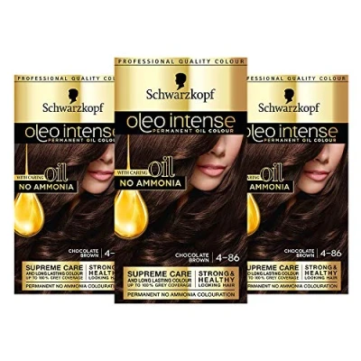 Image of Schwarzkopf Oleo Intense Brown Hair Dye, Permanent Oil Colour, No Ammonia, Covers Greys, 4 86 Chocolate (Pack of 3)