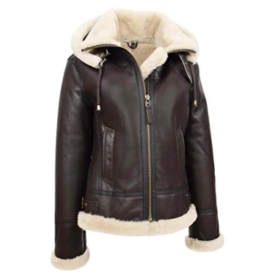 Image of A1 FASHION GOODS Womens Real Sheepskin Flying Jacket Brown Hooded Shearling B3 Pilot Aviator Coat Maria (16)