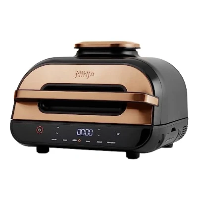 Image of Ninja Foodi MAX Health Grill &amp; Air Fryer 3.8L with Digital Cooking Probe, 6 in 1; Grill, Fry, Bake, Roast more, Dishwasher Safe Parts, Large Plate, Copper/Black Amazon Exclusive AG551UKCP