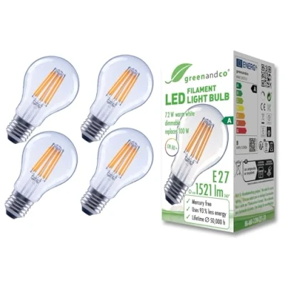 Image of greenandco 4 x LED Filament Light Bulbs Clear Dimmable E27 A60 7.2W 1521lm Replaces 100W 3000K Warm White 320 230V Flicker Free Energy Class A