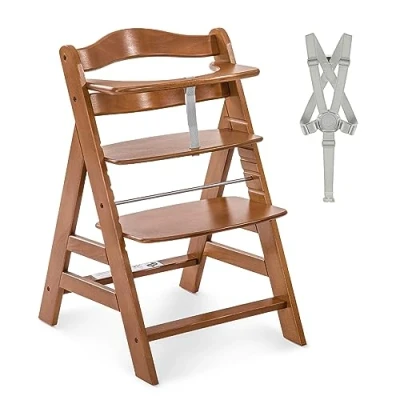 Image of hauck Alpha+, Walnut Wooden High Chair 6 Months to Adult Sustainable FSC® Certified Beechwood Toddler Feeding and Entertainment Chair, Inclusive 5 Point Harness Bumper Bar Crotch Strap