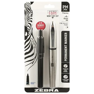 Image of Zebra Pen PM 701 Stainless Steel Permanent Marker, Fine Bullet Tip, Black Ink, 120 Hours Cap Off Time, Refillable, 1 Count, Bonus Refill