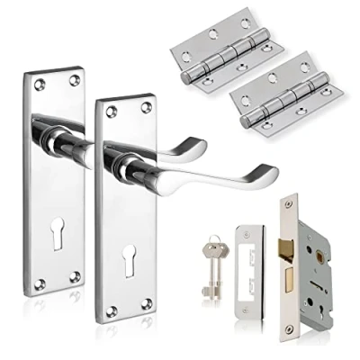 Image of XFORT Chrome Elegance Range Polished Victorian Lever Lock Pack, Complete Set with Door Handles, 65mm Sashlock and 75mm Ball Bearing Hinges, for Internal Wooden Doors