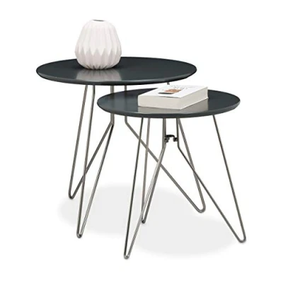 Image of Relaxdays Side Table Set of 2, Wooden, 48 and 40 cm Diameters, in 2 Different Sizes, Matt Gray