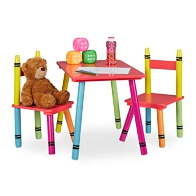 Image of Relaxdays Children&#039;s Furniture Set, Kids&#039; Table &amp; 2 Chairs, Girls Boys, MDF Wood, HWD: 44.5 x 60 40 cm, Colourful, Fibreboard
