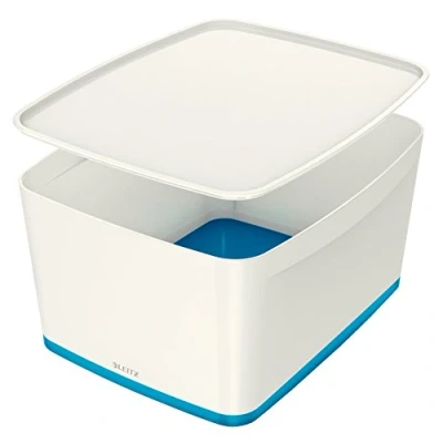 Image of Leitz Large MyBox with Lid, Storage Box for Home and Office, High Gloss Plastic, 18 Litre, A4, White/Blue Metallic