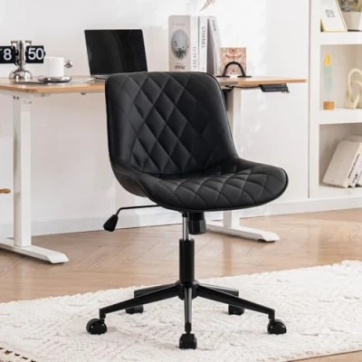 Image of YOUNUOKE Black Faux Leather Office Chair for Home Ergonomic Armless Desk with Back Support Swivel Task Bedroom Living Room