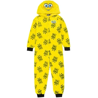 Image of SPONGEBOB SQUAREPANTS Kids Onesie Boys Girls Yellow All In One Pyjamas Character Hood Fluffy Fleece With Zip Movie Series Merchandise 3 4 Years