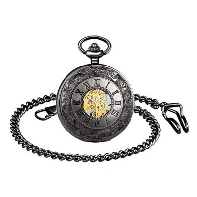 Image of MICGIGI Unisex Pocket Watch Mechanical Hand Wind Analogue Retro Skeleton Fob Watches with Chain