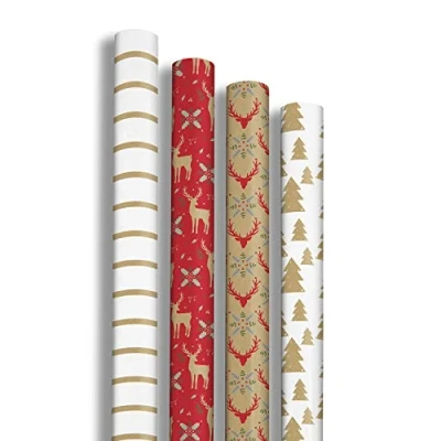Image of Clairefontaine 223877AMZC A Box of 10 Rolls Gift Wrapping Paper 70g Kraft Dimensions: 5x0.70m Pattern: &quot;Lovely Home Red&quot;, Christmas Parties