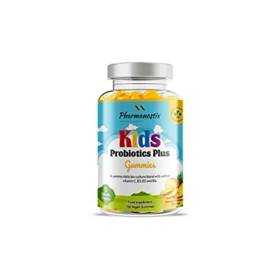 Image of Pharmanostix Kids Probiotics Plus Vegan Gummies 150 Natural Pineapple Flavour with Lactobacillus &amp; Bifidobacterium Supported Vitamin C, B3, B5 B6 for Immune Support Gut Health