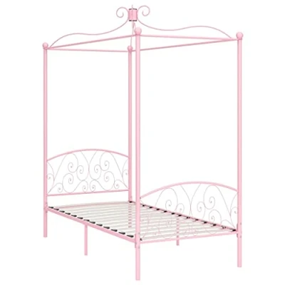 Image of vidaXL Canopy Bed Frame, Metal Construction, Pink, Suitable for 100x200 cm Mattress, with Slatted Base, Elegant Design